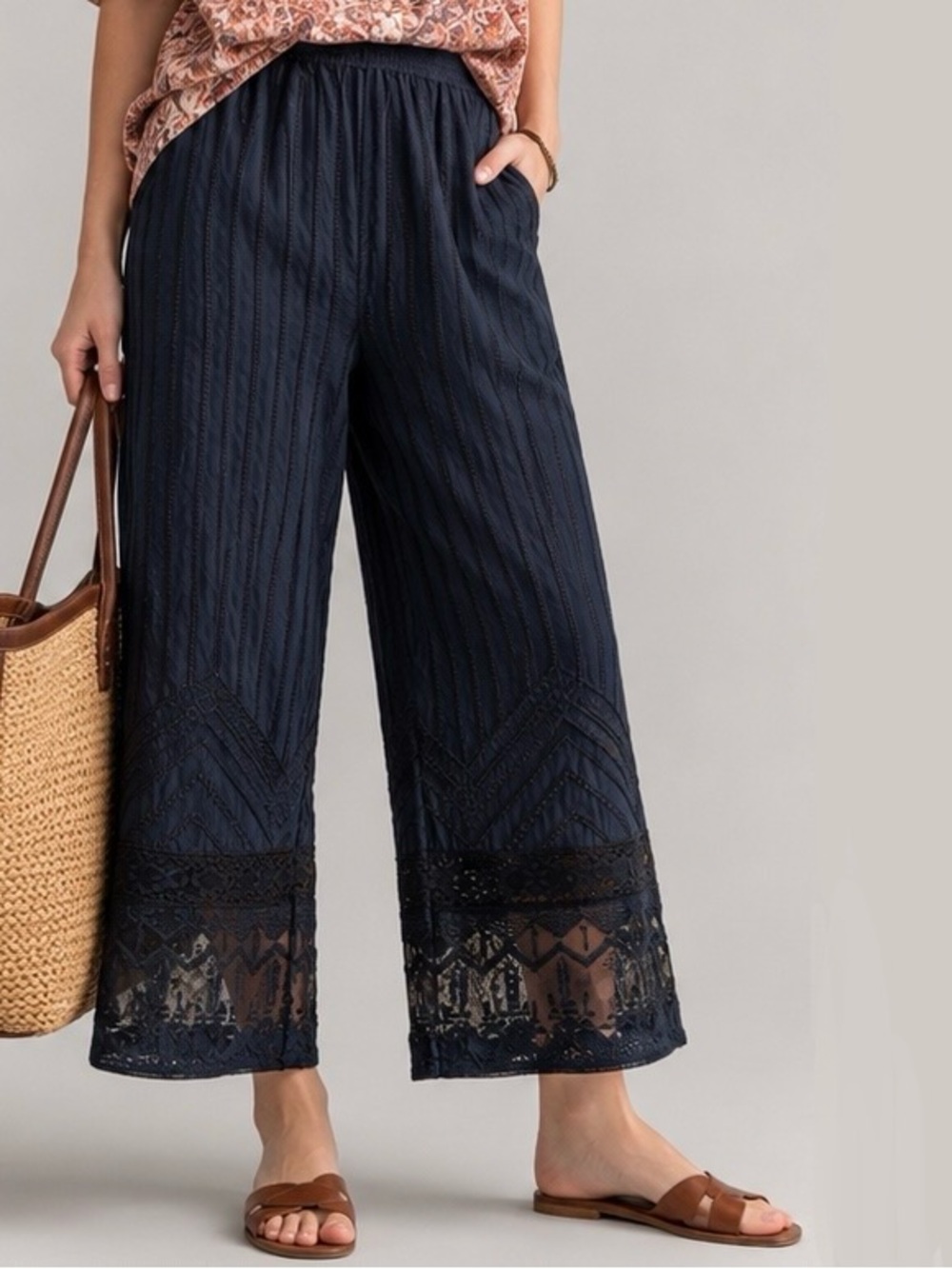Kobi Halperin Cotton Embroidered Navy Blue Cropped Pants L